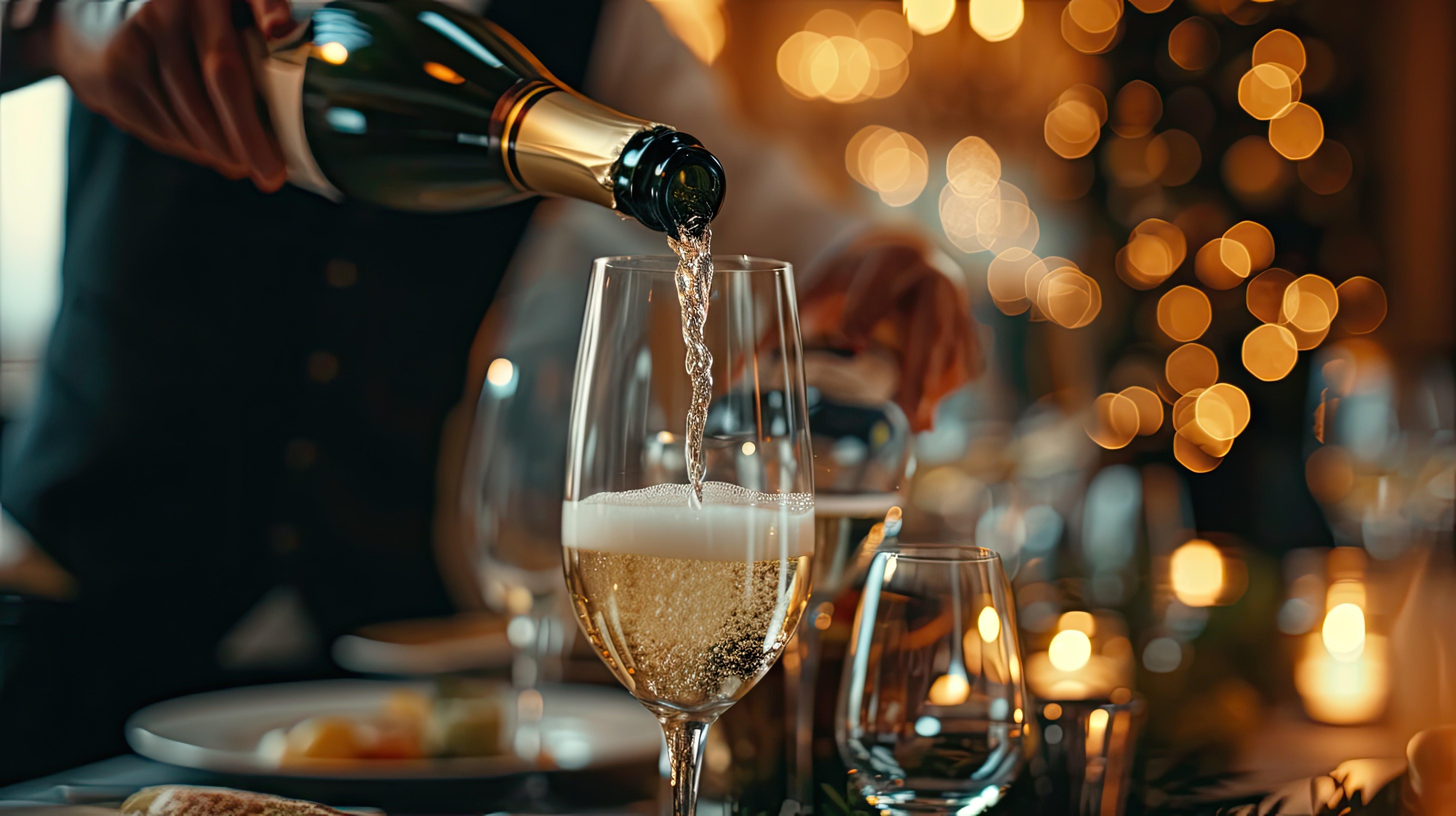 Champagne being poured in warm, low light.