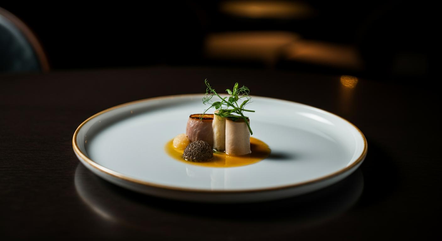 A plated starter with caviar and truffle.