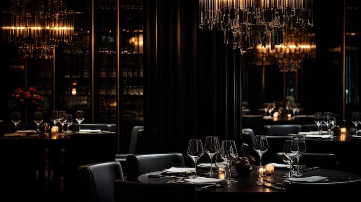 Dining tables in warm, low light.
