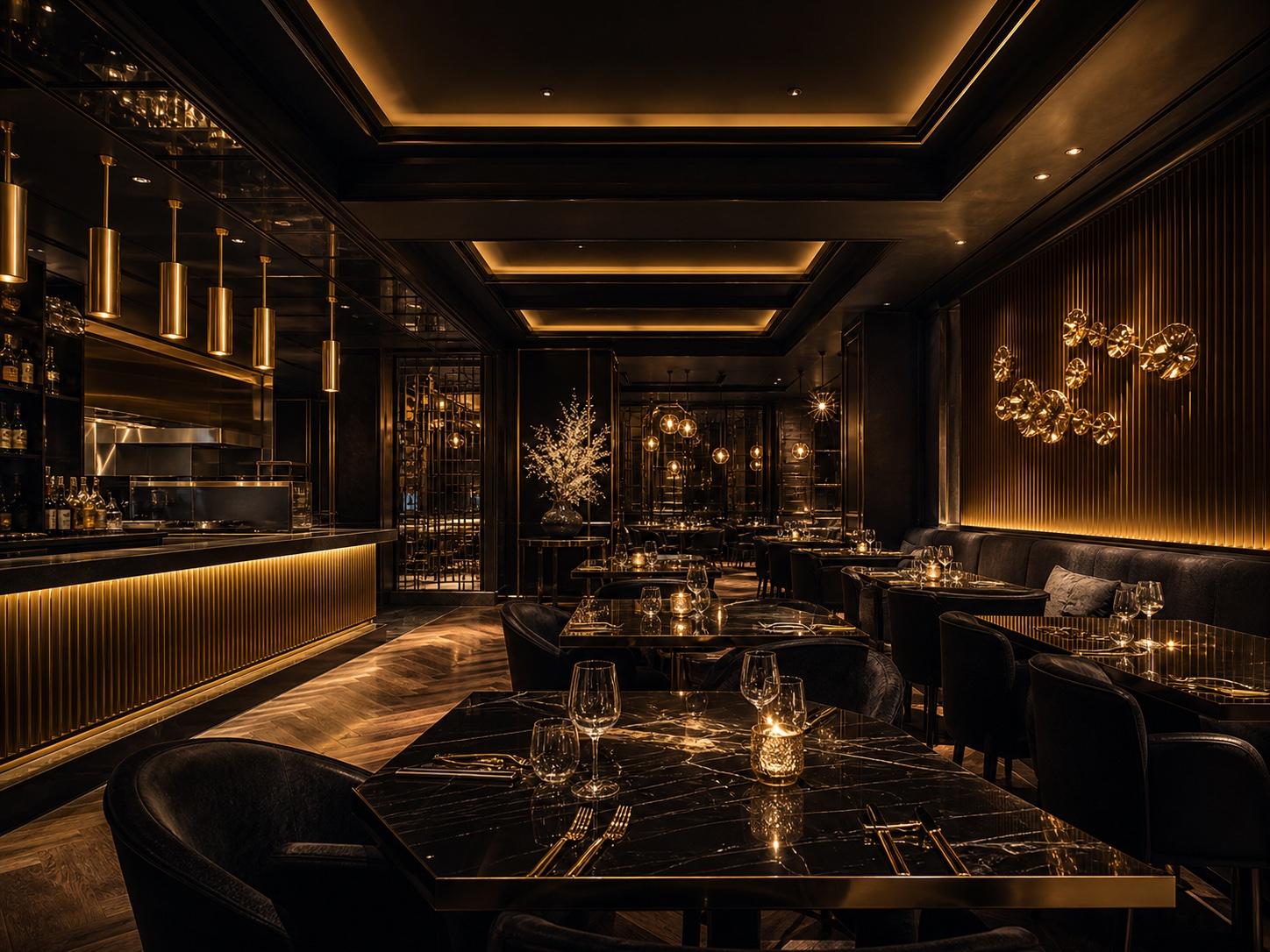 The main dining room set with tables and warm lighting.