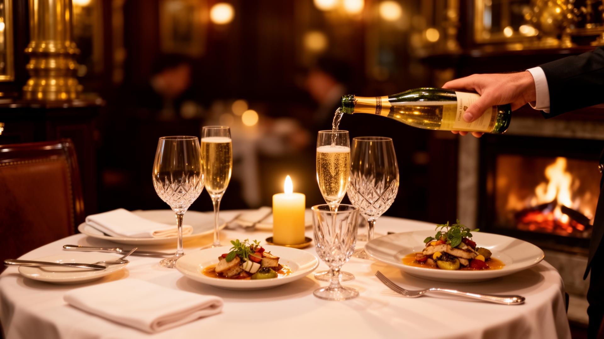 A table set beside a fireplace for dinner.